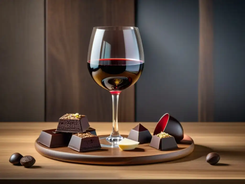 Maridaje vinos chocolates artesanales perfecto: copa de vino tinto junto a exquisitos chocolates artesanales en mesa de madera elegante