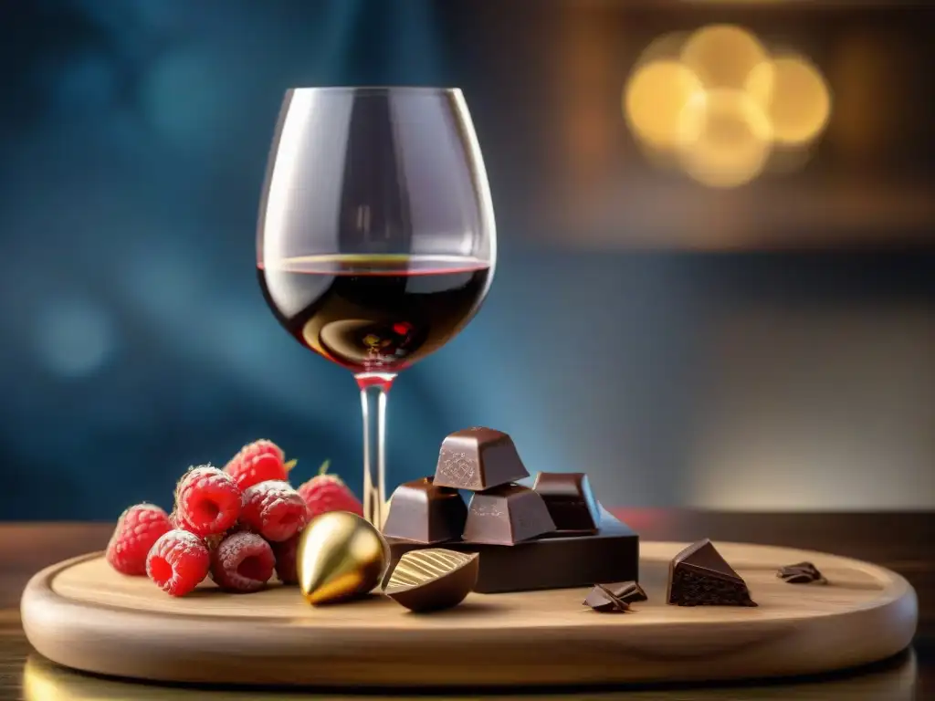 Maridaje vinos chocolates artesanales perfecto: Detalle lujoso de copa de vino tinto con chocolates variados y elegantes