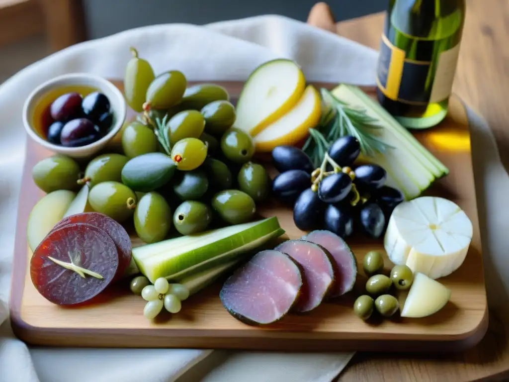 Un maridaje de vinos y encurtidos gourmet en una tabla elegante y detallada