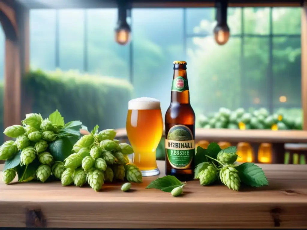 Maridajes cervezas ingredientes frescos locales: mesa rústica con cervezas artesanales, frutas cítricas y hierbas en un jardín verde soleado