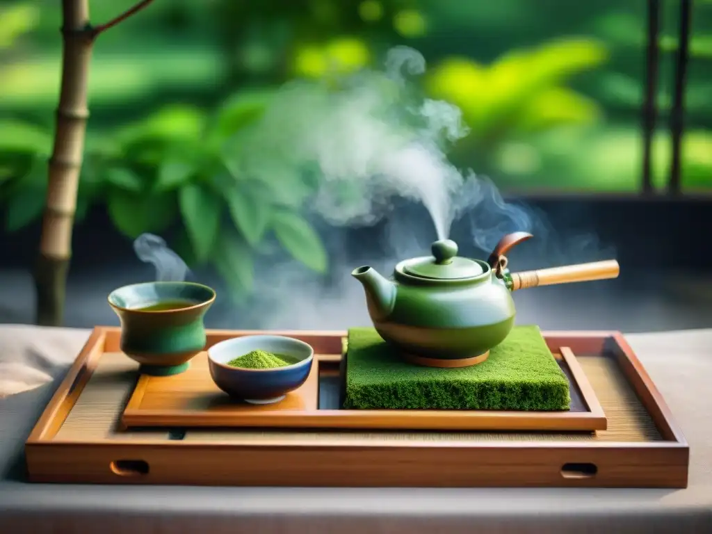 Maridajes gourmet con tés japoneses: ceremonia del té en un jardín sereno, con utensilios de bambú y matcha vibrante