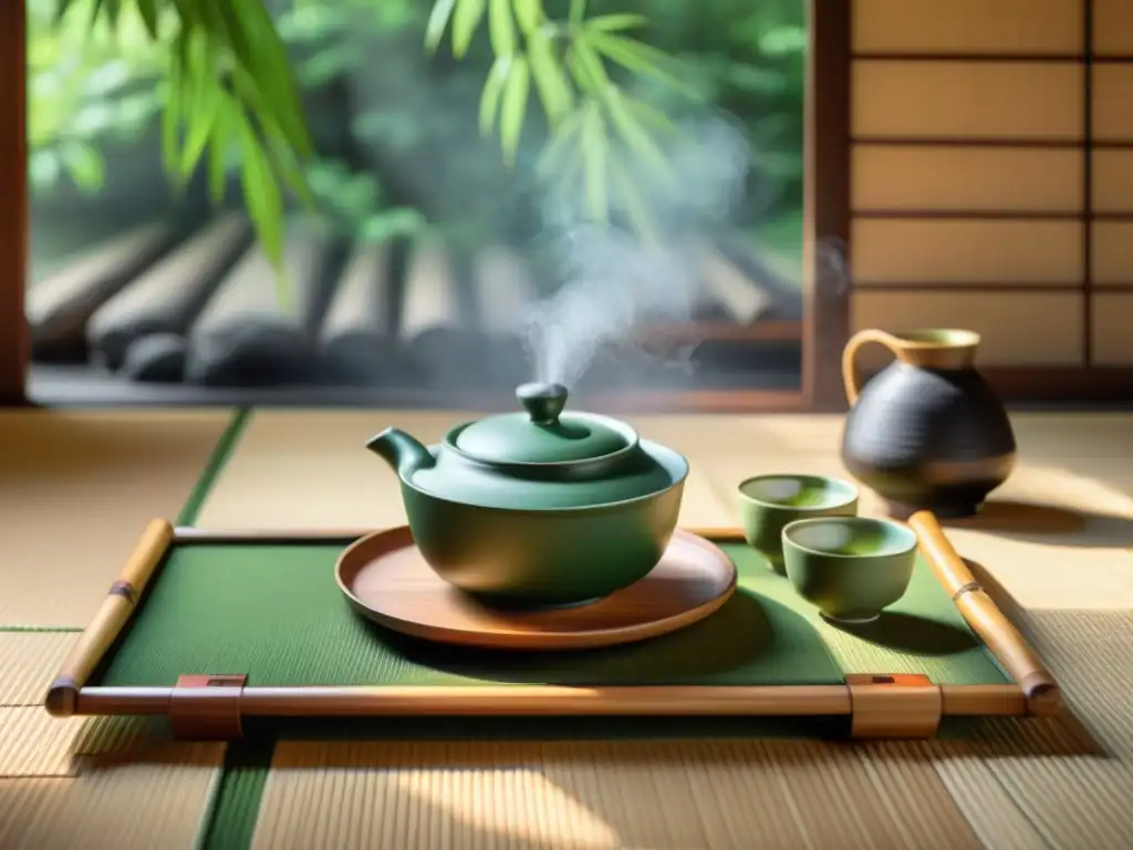 Maridajes gourmet con tés japoneses: Escena serena de una ceremonia de té japonesa con luz natural suave y elementos tradicionales