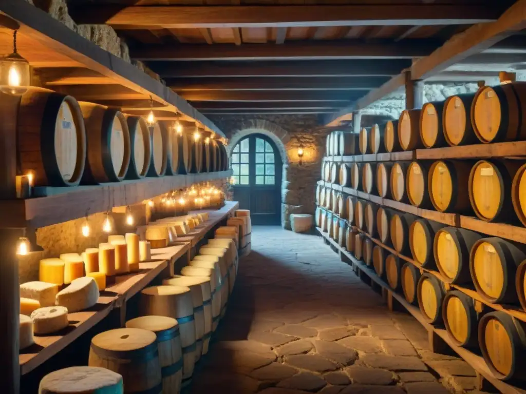 Explora la tradición histórica de maridajes quesos vinos en una bodega antigua iluminada por velas