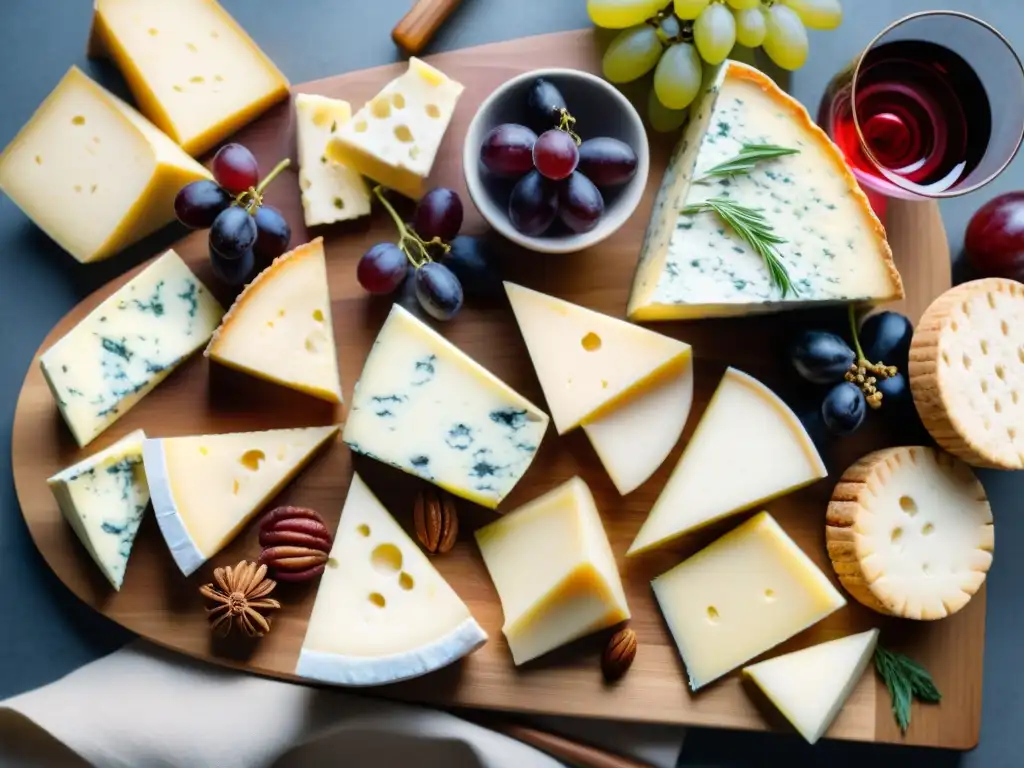 Maridajes vinos quesos gourmet perfectos: Tabla de quesos variados y copas de vino en elegante presentación