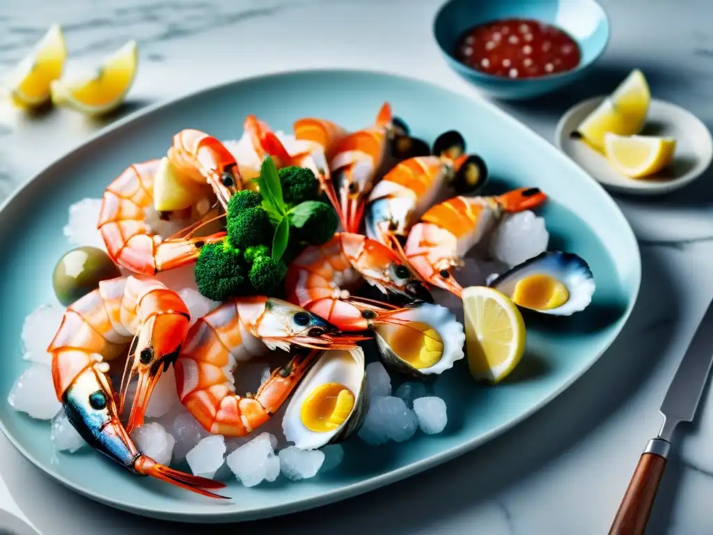 Preparar mariscos exóticos impresionar: Deleite visual de mariscos frescos y vibrantes en una elegante cocina moderna