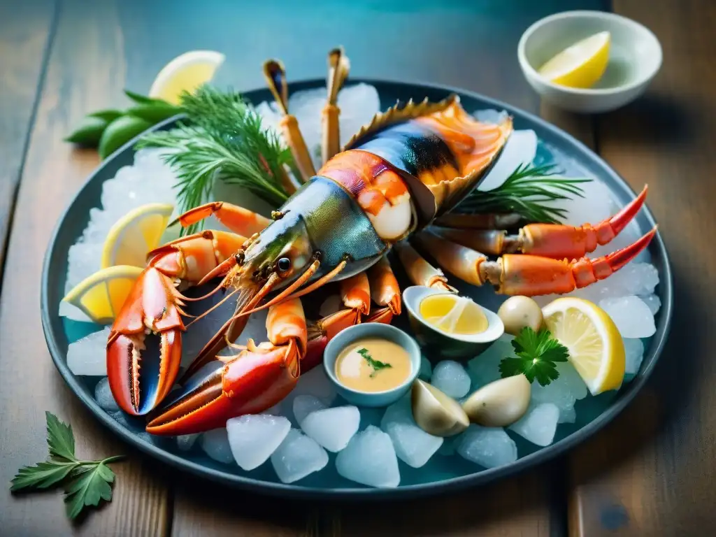 Preparar mariscos exóticos impresionar: lujoso plato con abulón, cangrejo real, langosta y vieiras, decorado con hierbas y limón sobre hielo