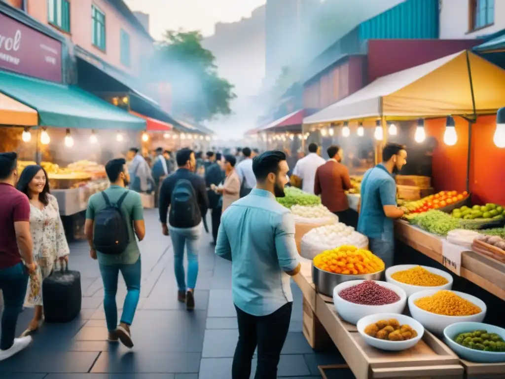 Influencers gastronomía Instagram revolución: Food market con blogueros probando delicias y capturando contenido