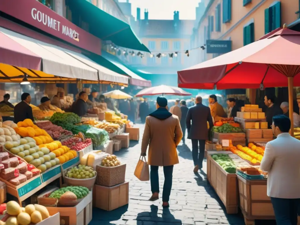 Explora los mejores mercados gourmet del mundo en esta bulliciosa escena llena de color y vida