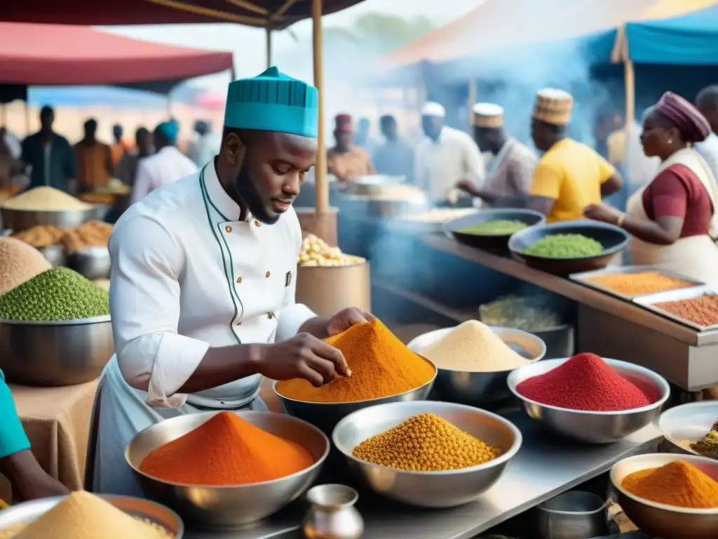 Un mercado africano bullicioso con una evolución gastronomía africana tradicional moderna