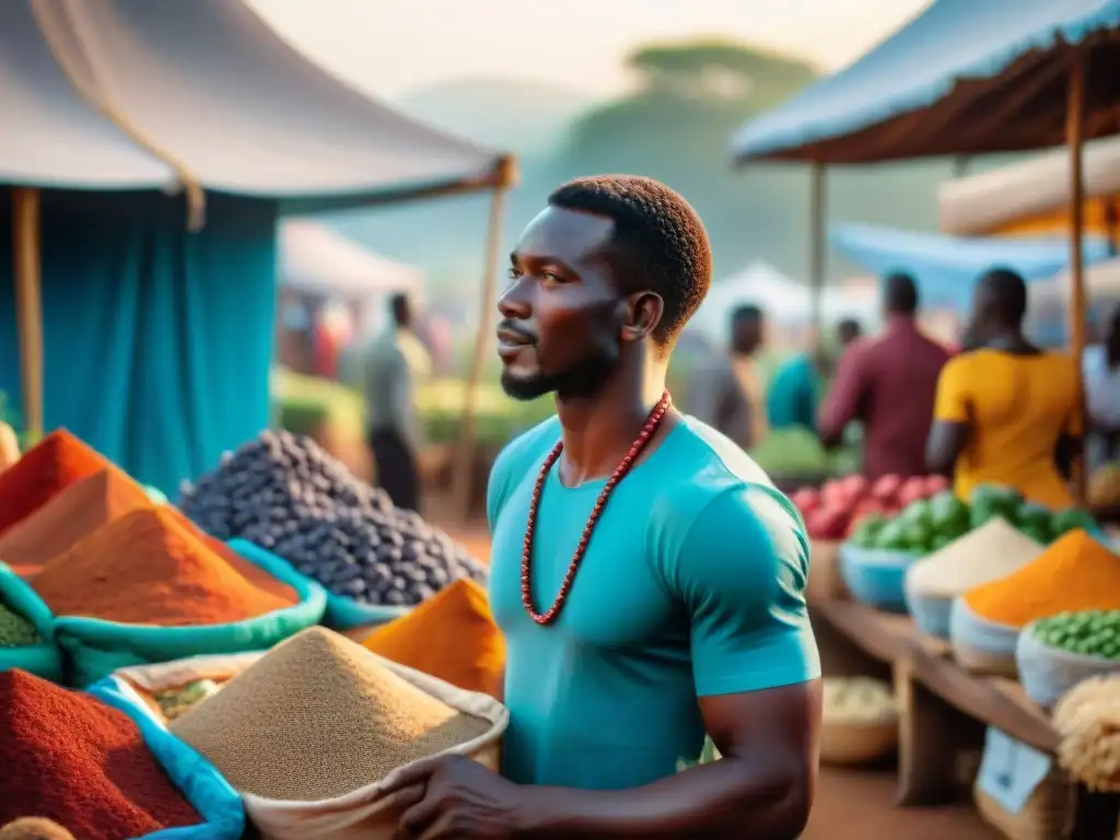 Un mercado africano bullicioso con colores vibrantes y especias exóticas