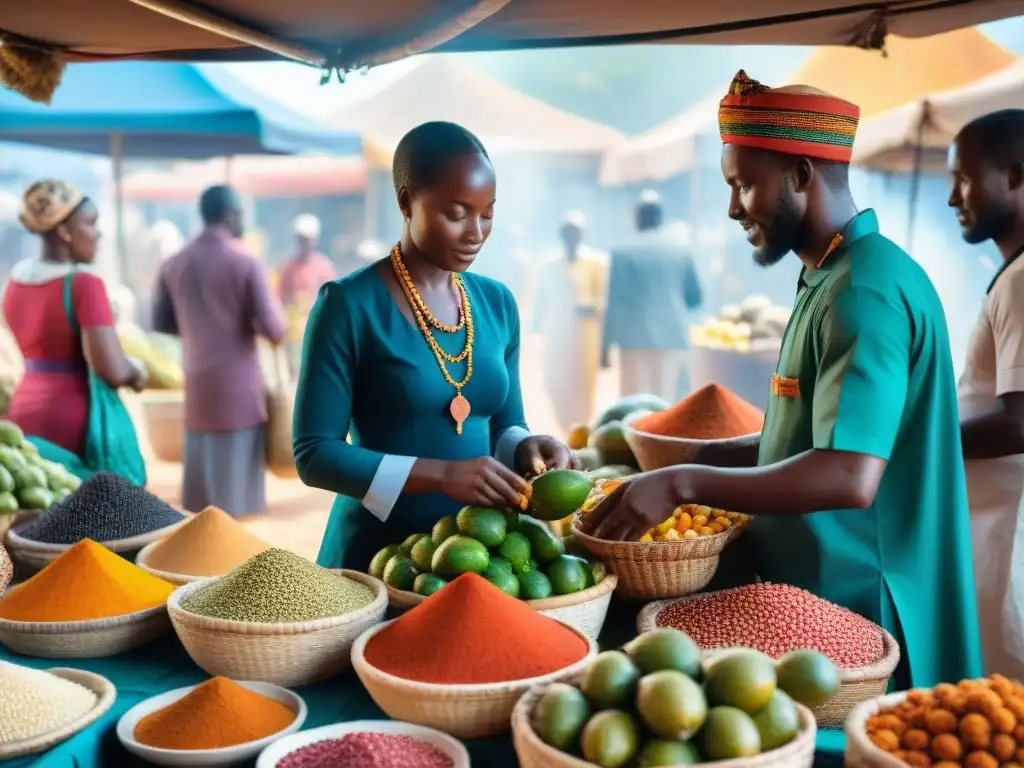 Un mercado africano bullicioso con exóticas frutas, especias coloridas y pescado fresco