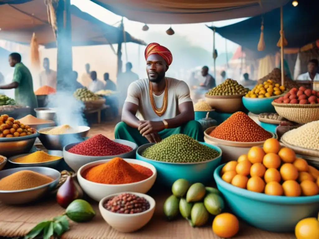 Un mercado africano bullicioso con frutas y especias coloridas