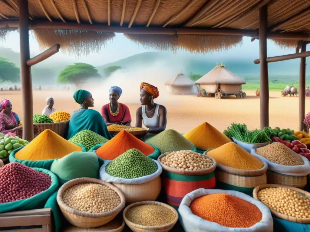 Un mercado africano bullicioso con legumbres coloridas en cestas y mesas de madera