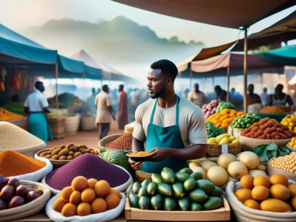 Un mercado africano bullicioso con puestos de frutas, verduras, especias y telas coloridas bajo el cálido sol