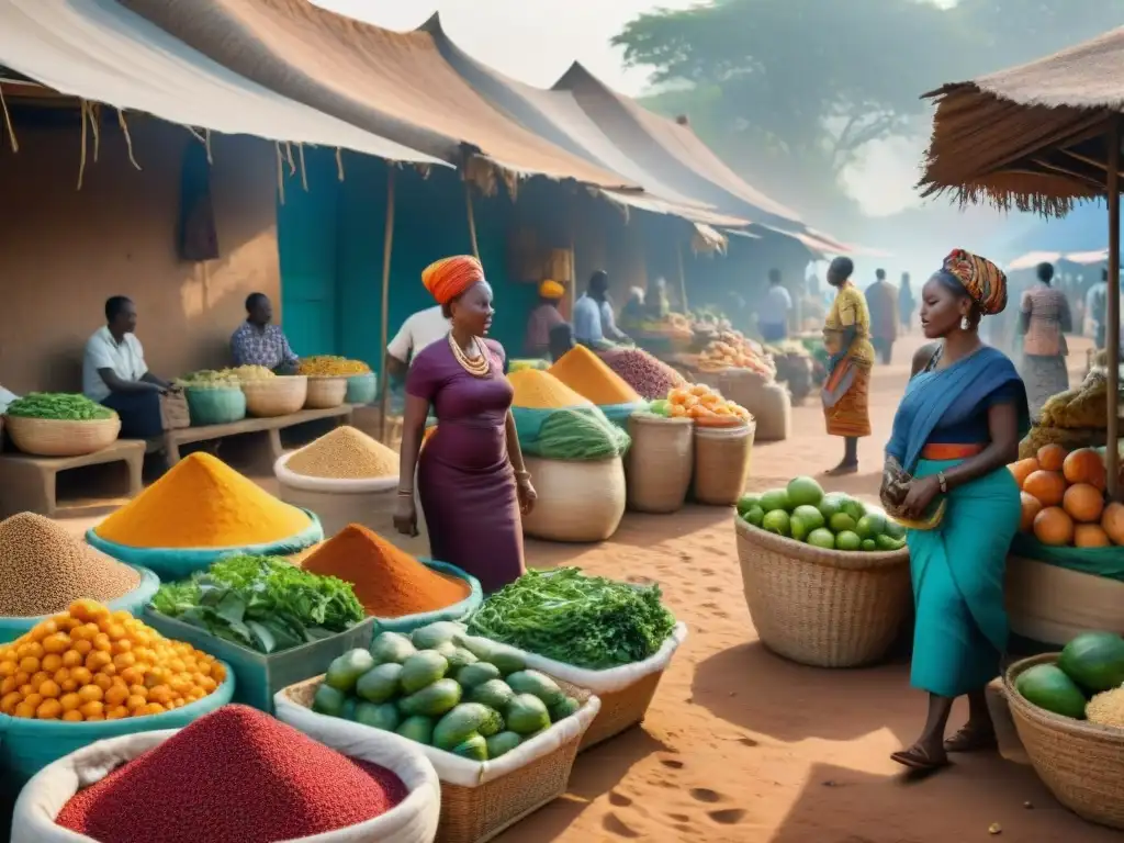 Un mercado africano tradicional bullicioso con vendedores y colores vibrantes de frutas y especias