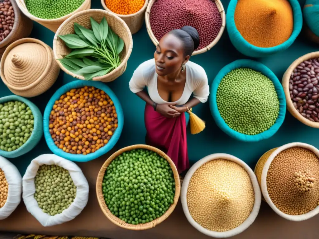 Un mercado africano bullicioso y vibrante muestra una variedad colorida de legumbres exóticas bajo la cálida luz del sol