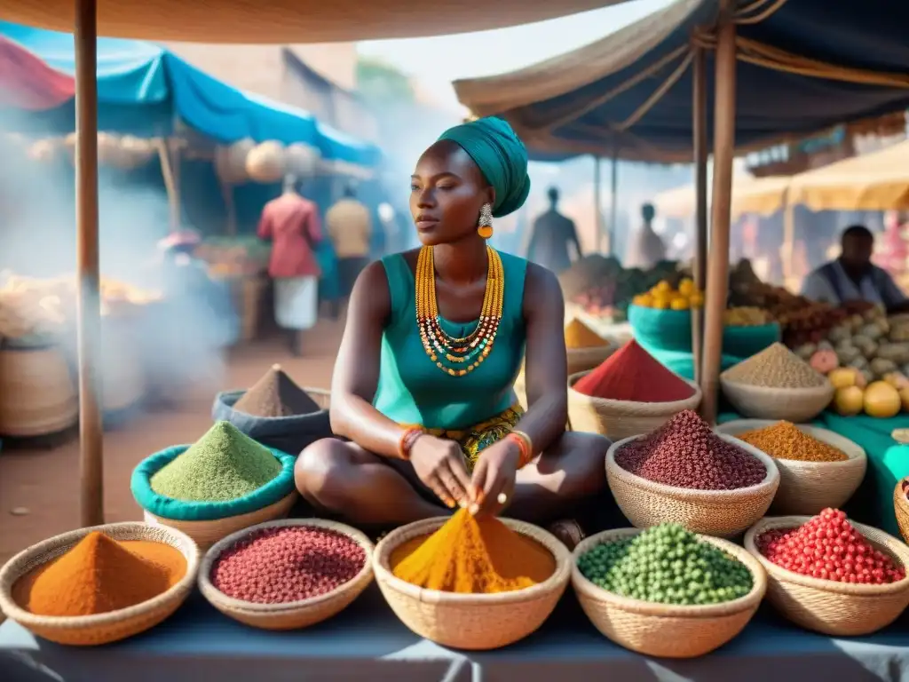 Mercado africano vibrante: especias, frutas y artesanías exóticas Un mercado africano lleno de colores y delicias gourmet, donde exploradores disfrutan de una experiencia única