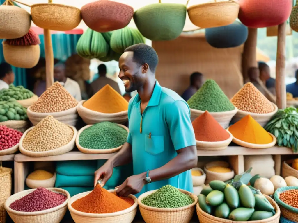 Un mercado africano rebosante de coloridos superalimentos como frutas de baobab, hojas de moringa y granos de teff, bajo la cálida luz del sol