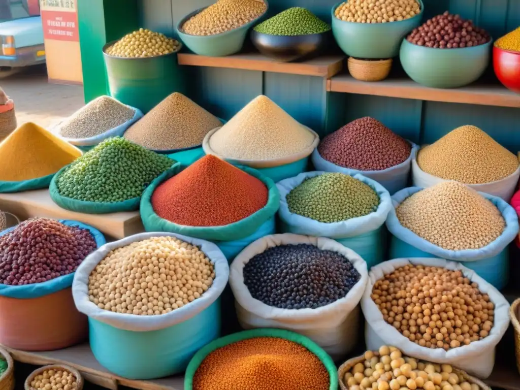 Mercado africano rebosante de legumbres en cestas y recipientes metálicos, destacando la diversidad y valor nutricional