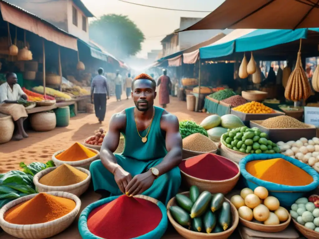 Un mercado africano tradicional rebosante de vida y color, reflejo de la evolución gastronomía africana tradicional moderna