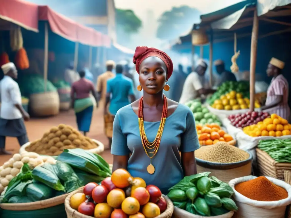 Un mercado africano vibrante y bullicioso con una gran variedad de frutas, verduras y especias coloridas