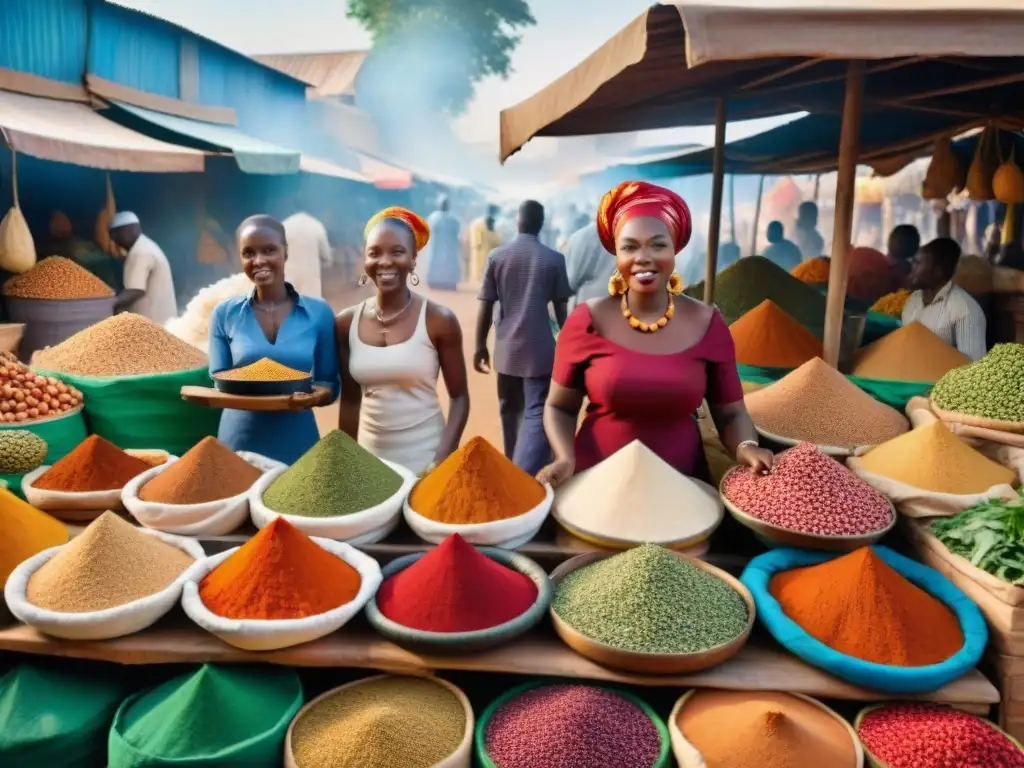 Un mercado africano vibrante y colorido, lleno de vida y sabores exóticos