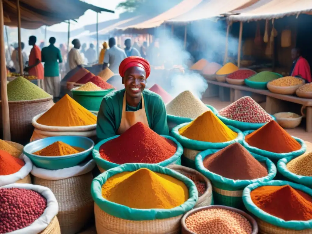 Mercado africano vibrante con especias coloridas y piri piri