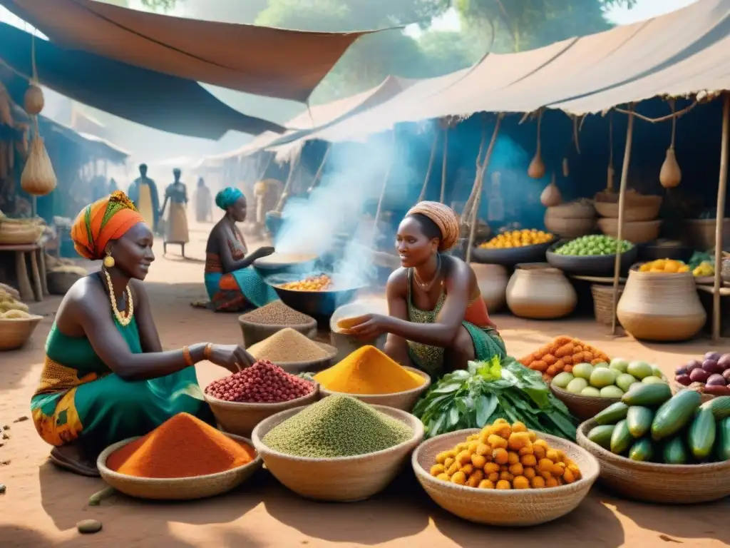 Un mercado africano vibrante con influencias gastronomía africana raíces, colores vivos y actividad bulliciosa