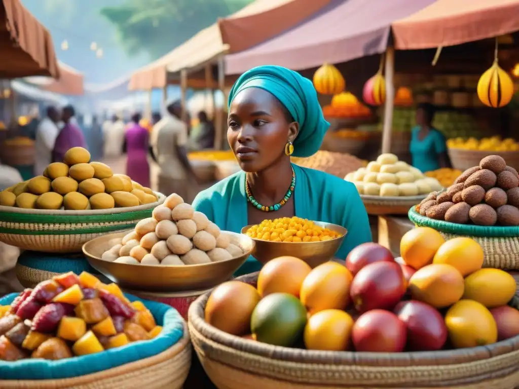 Un mercado africano vibrante exhibiendo postres africanos tradicionales gourmet en cestas y vajillas coloridas