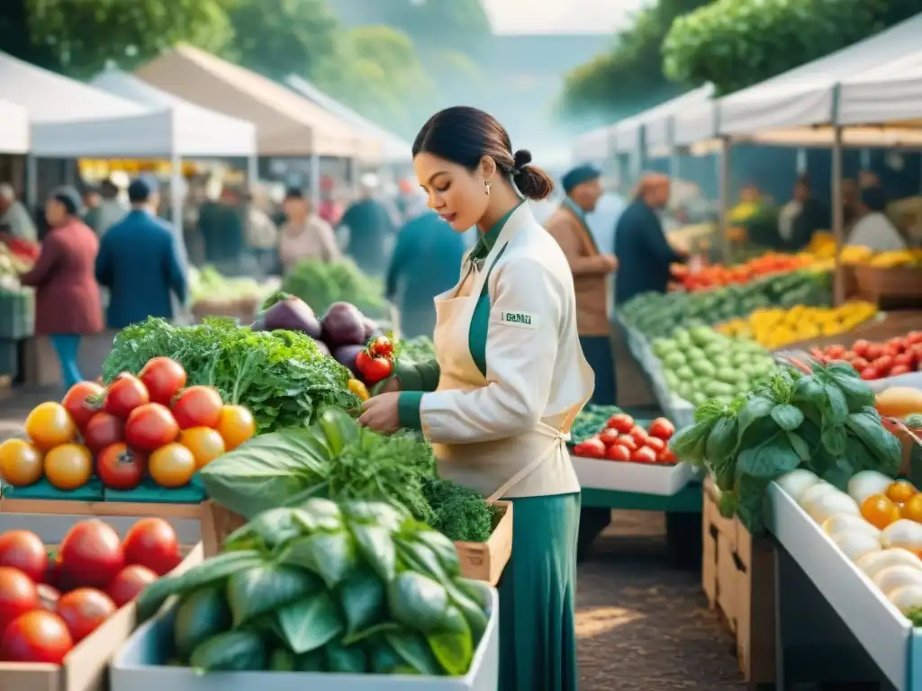 Un mercado de agricultores bullicioso en un día soleado, con productos frescos y chefs seleccionando ingredientes frescos