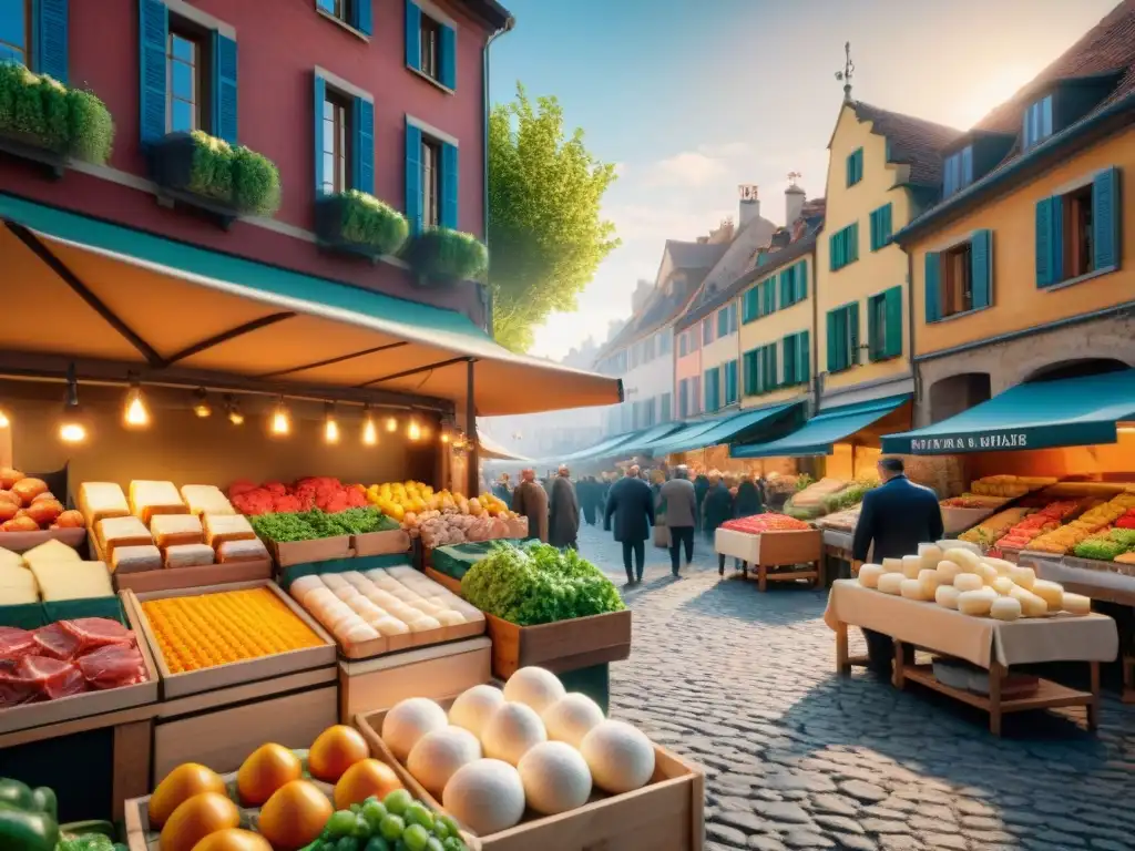Mercado gastronómico: colores y sabores europeos en un pintoresco escenario Un mercado al aire libre bullicioso en un pintoresco pueblo europeo, lleno de productos frescos, quesos artesanales, embutidos y especias
