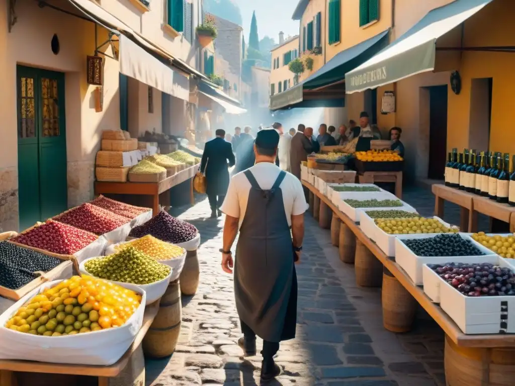 Un mercado al aire libre en el Mediterráneo con aceites de oliva gourmet cultural en vibrantes puestos y chefs conversando al atardecer