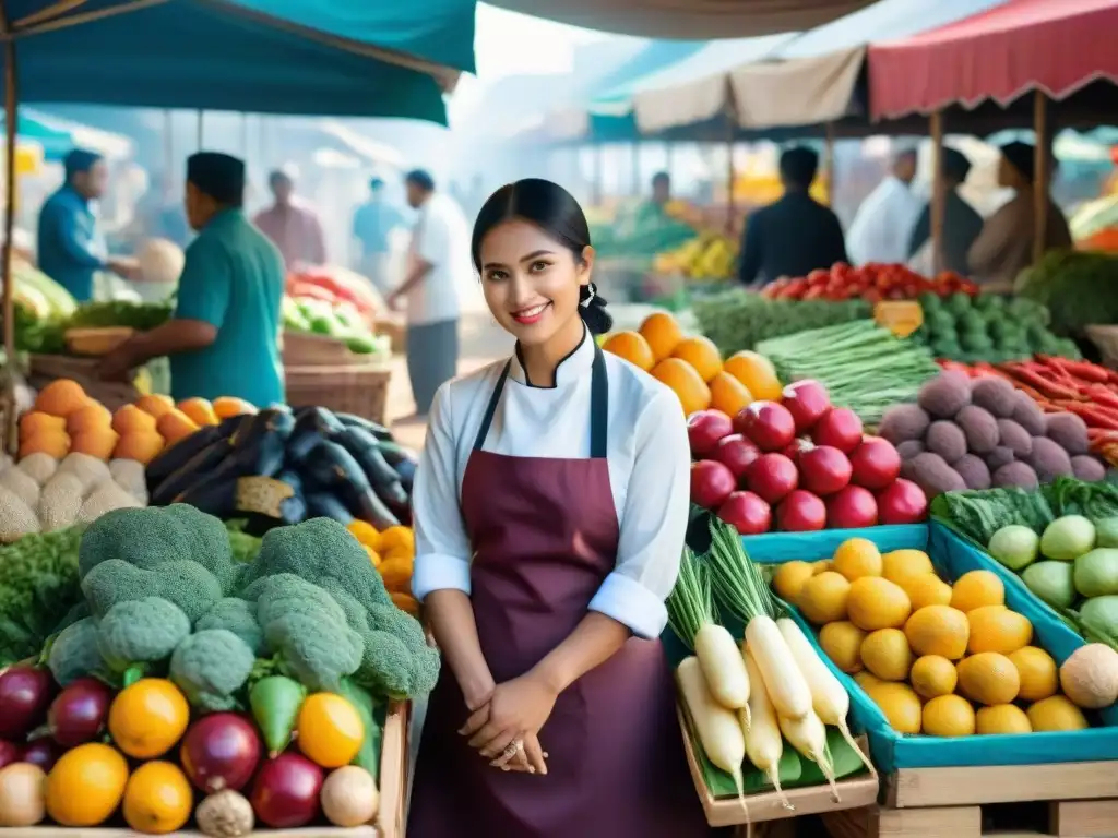 Mercado al aire libre: explosión de colores y sabores Un mercado al aire libre vibrante y bullicioso, con una amplia variedad de frutas, verduras, hierbas y especias coloridas