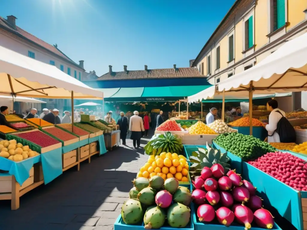 Un mercado alimentario al aire libre en una ciudad europea, con frutas exóticas y turistas explorando