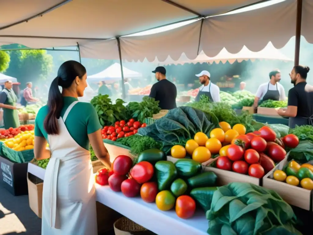 Un mercado de alimentos orgánicos: colores vibrantes, productos frescos y chefs seleccionando ingredientes para una gastronomía saludable