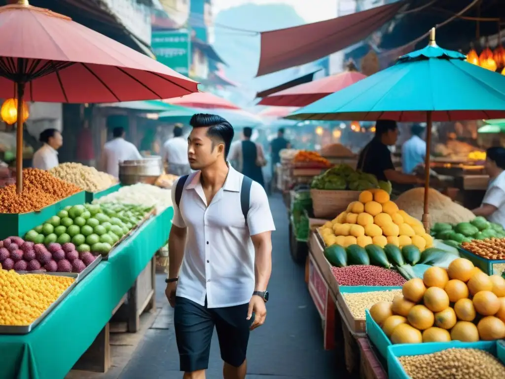 Un mercado de alimentos vibrante en Tailandia, lleno de colores y sabores exóticos, donde los vendedores locales interactúan con los clientes