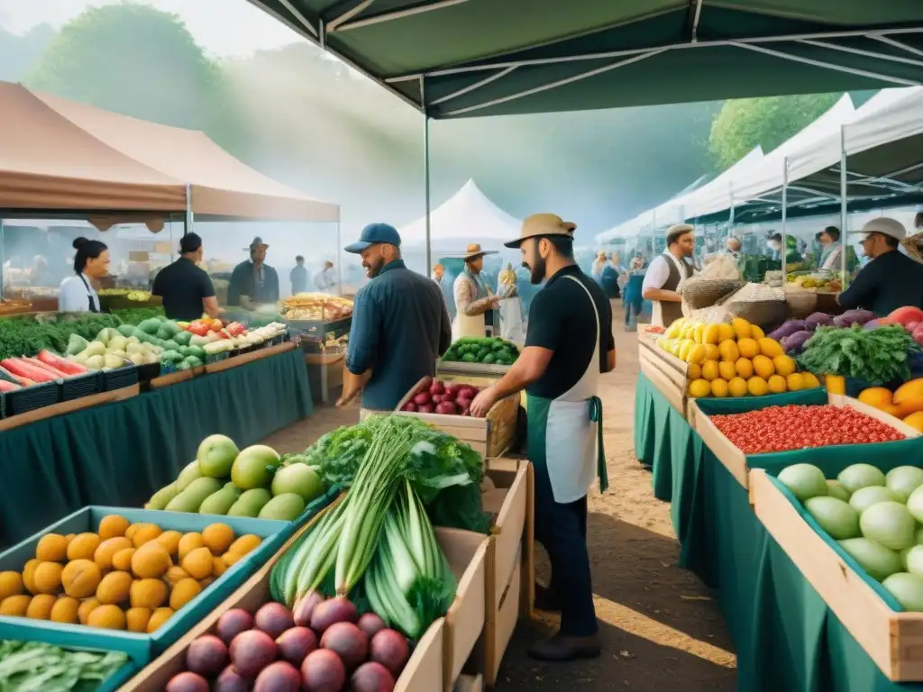 Un mercado agrícola animado con frutas y verduras coloridas, chefs y clientes charlando