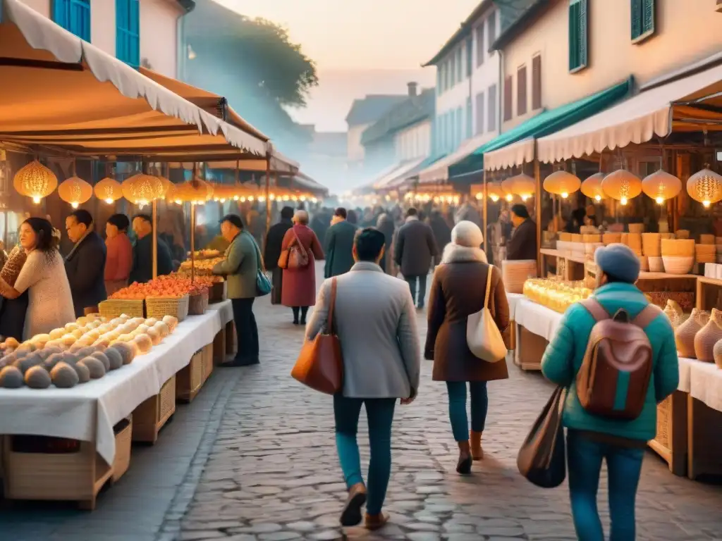 Un mercado artesanal bullicioso con productos hechos a mano, iluminado por el cálido atardecer