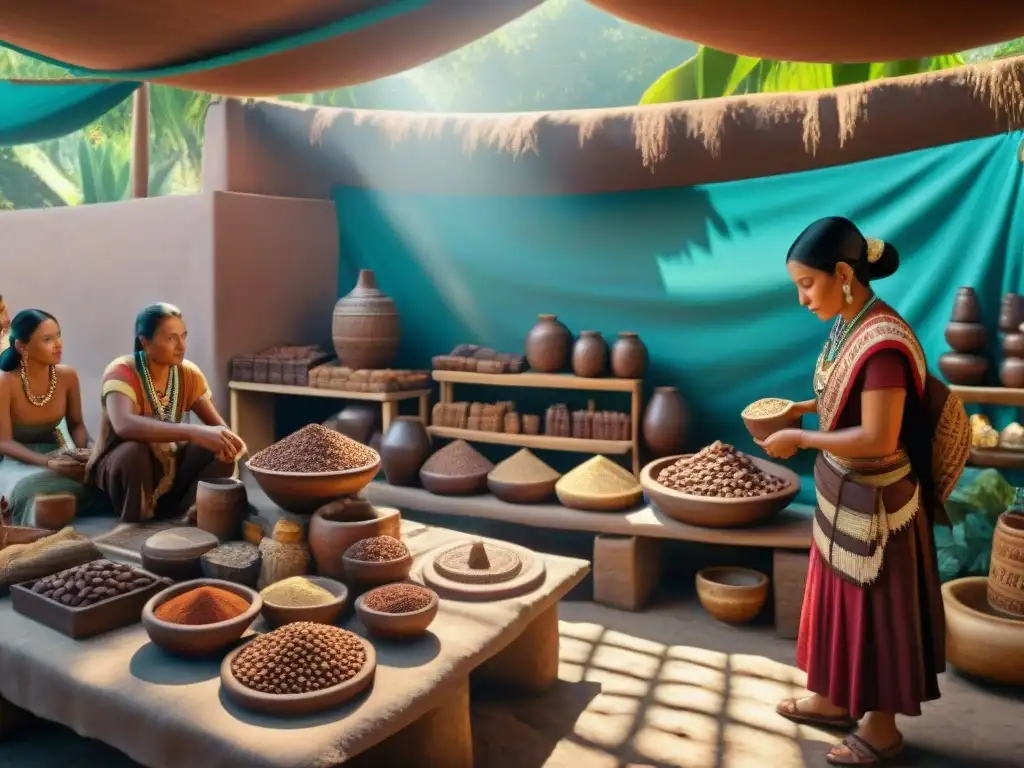 Un mercado azteca histórico rebosante de vida y color, con vendedores de cacao, cerámica y textiles