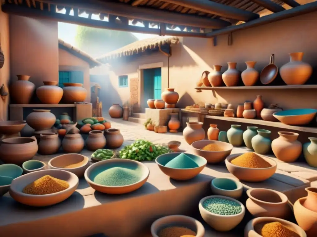 Un mercado bullicioso en una antigua civilización con utensilios cocina grandes civilizaciones, colores vibrantes y detalles