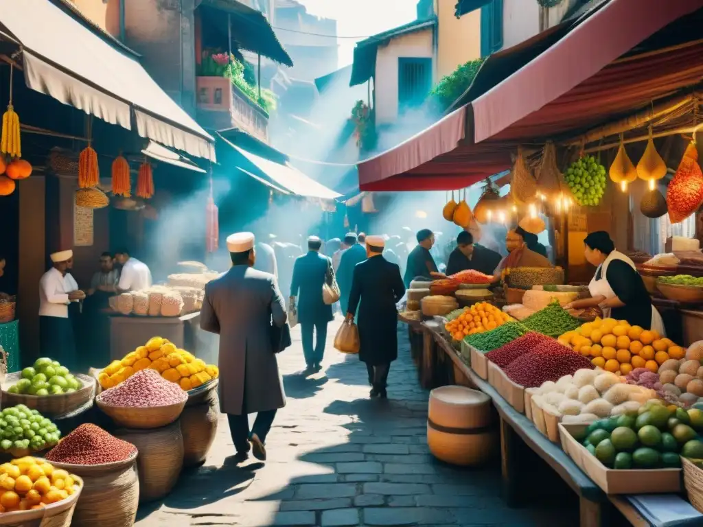 Un mercado bullicioso en una ciudad escondida, con puestos de frutas exóticas y especias coloridas