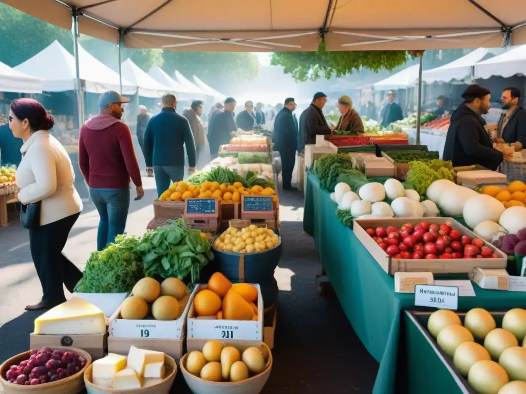 Un mercado bullicioso y colorido, lleno de productos frescos y deliciosos