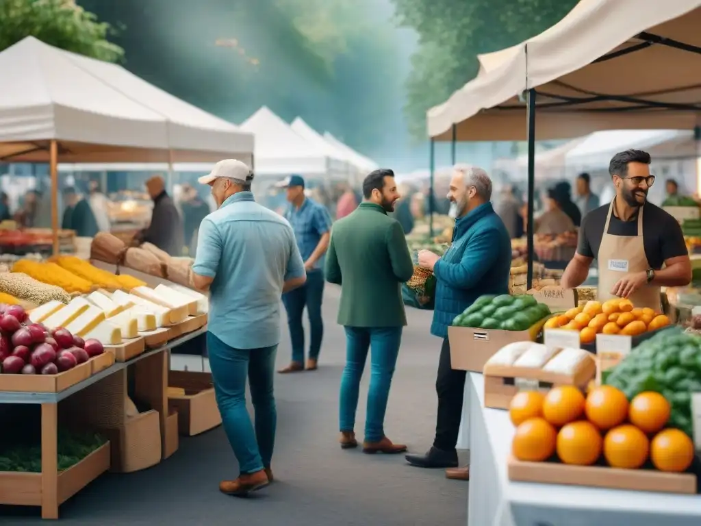 Un mercado agrícola bullicioso y colorido con productos frescos y alimentos caseros