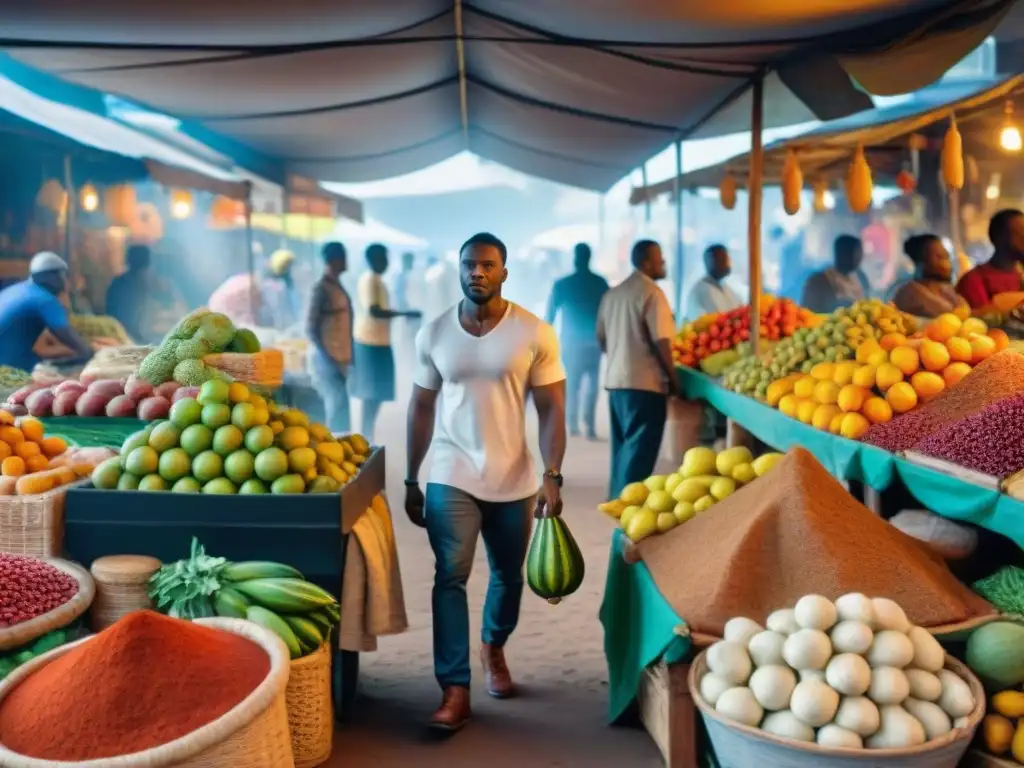 Un mercado ghanés bullicioso con frutas exóticas, especias coloridas y vendedores locales