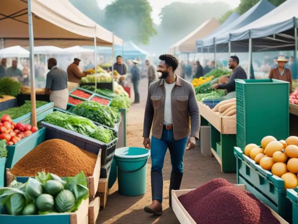 Un mercado agrícola bullicioso con granjas locales, colores vibrantes y clientes felices