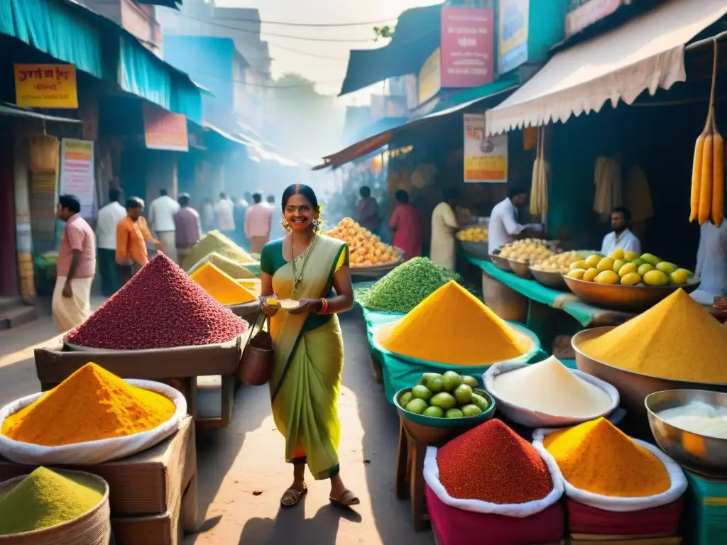 Un mercado bullicioso en la India, con coloridos puestos vendiendo ingredientes tradicionales para Lassi callejero India receta tradicional