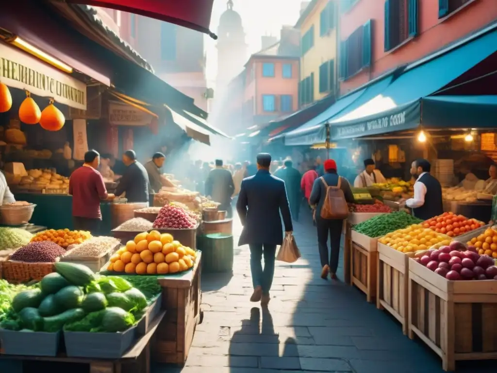 Un mercado bullicioso con ingredientes y platos del mundo, reflejo de la cocina fusión destinos culturas culinarias