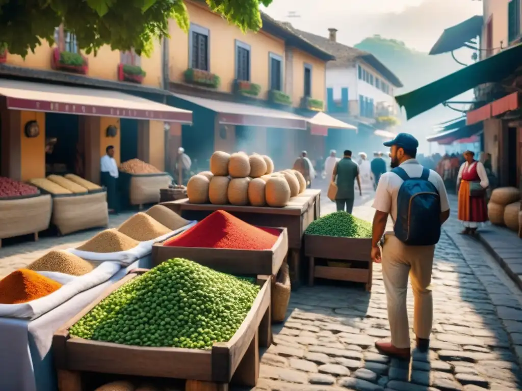 Un mercado bullicioso a lo largo de la Ruta del Café Antiguas Vías Comerciales, con vendedores de café, textiles y especias bajo toldos vibrantes