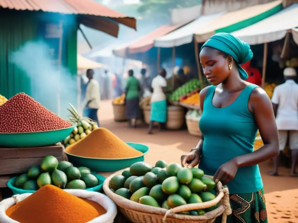 Un mercado bullicioso en Mozambique con puestos de frutas, especias y mariscos