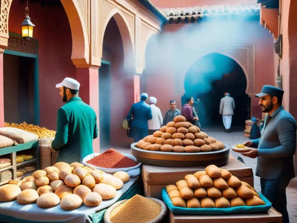 Mercado bullicioso en Marrakech con panaderías artesanales internacionales gourmet